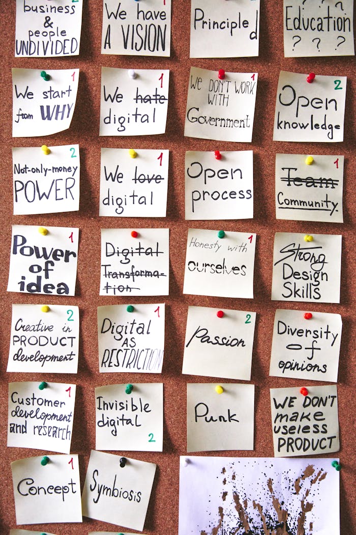 Corkboard with inspiring notes and goals pinned, emphasizing creativity and innovation.